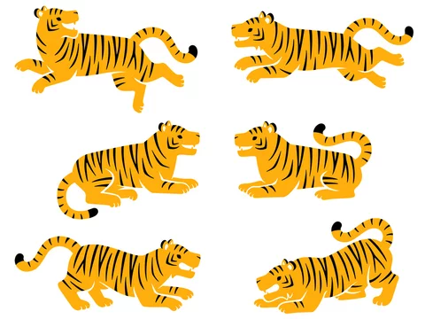 虎のポーズイラストセット 走る 伏せ 威嚇する Stock Vector Adobe Stock