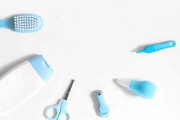 childhood and Childcare concept - Simple tools for baby, thermometer, aspirator nasal, Scissors,nail clippers, Medicine Dropper, baby nose cleaner