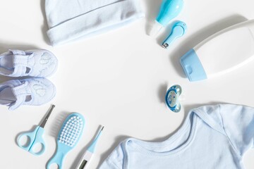 childhood and Childcare concept - Simple tools for baby, thermometer, aspirator nasal, Scissors,nail clippers, Medicine Dropper, baby nose cleaner