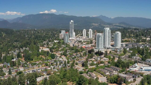 Panoramic View of Burquitlam Skytrain Area In British Columbia, Canada - aerial shot