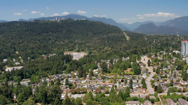 Simon Fraser University And Burnaby Mountain In British Columbia, Canada. aerial, forward