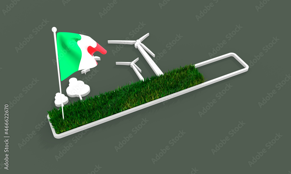 Poster progress or loading bar with trees and wind turbine. flag of italy