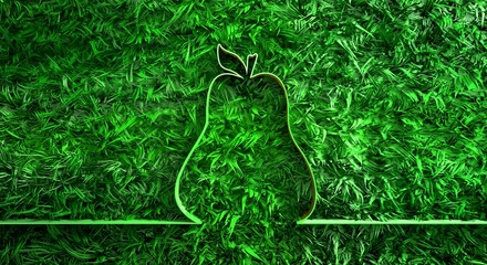 Thin line style illustration of a pear and fresh spring grass.