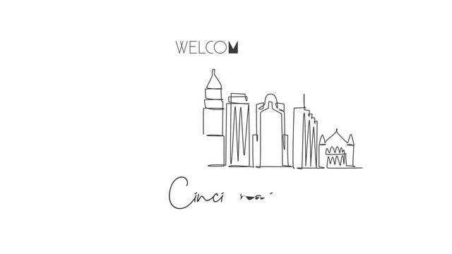 Animation of one line drawing of Cincinnati city skyline, Ohio. Historical town landscape. Best holiday destination home wall decor art poster. Continuous line self draw animated. Full length motion.