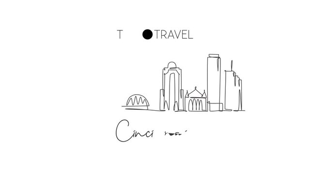 Animated self drawing of continuous line draw Cincinnati city skyline, Ohio. Beautiful landmark. World landscape tourism travel vacation poster. Editable full length single line animation illustration