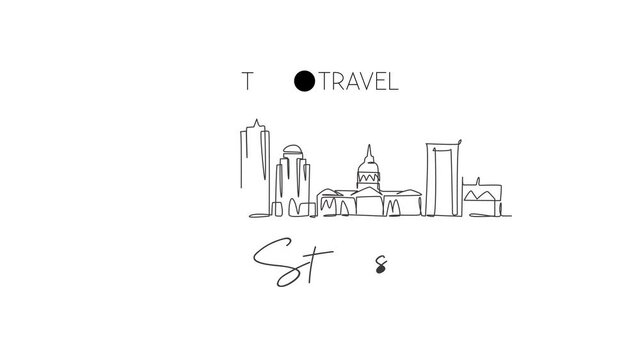 Animated self drawing of continuous line draw St. Louis city skyline, USA. Beautiful landmark. World landscape tourism travel vacation wall decor art poster print. Full length single line animation.