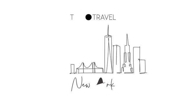Animated self drawing of continuous line draw New York city skyline, USA. Famous city scraper and landscape. World travel concept home wall decor poster print art. Full length one line animation.