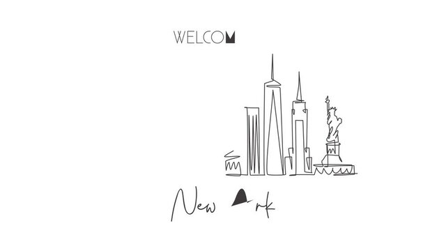 Animated self drawing of one continuous line draw New York city skyline, United States of America. Beautiful city landmark. World landscape vacation. Editable full length single line animation.