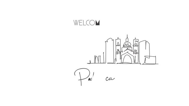 Animated self drawing of one continuous line draw Podgorica city skyline, Montenegro. Beautiful landmark. World landscape tourism travel wall decor poster print art. Full length single line animation.