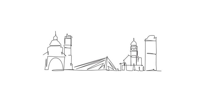 Animation of one line drawing of Podgorica city skyline, Montenegro. Historical town landscape in world. Best holiday destination wall poster. Continuous line self draw animated. Full length motion.