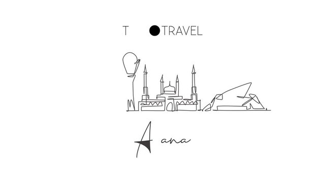 Animated self drawing of one continuous line draw Astana city skyline, Kazakhstan. Beautiful landmark. World landscape tourism travel vacation poster. Editable full length single line animation.