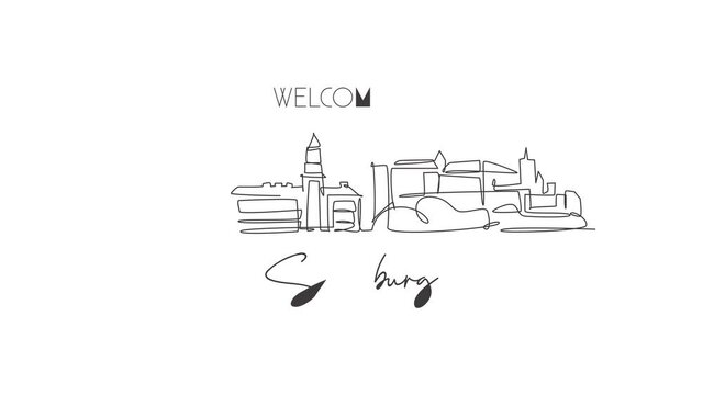 Animated self drawing of continuous line draw Salzburg city skyline, Austria. Famous city scraper landscape. World travel wall decor home art poster print concept. Full length one line animation.