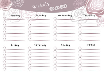 Line art cute floral elements week planner list for holiday. Doodle brown and gray rose on white Background