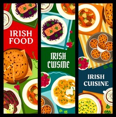 Irish cuisine vector banners. Red cabbage salad with salmon, potato pancake boxty, fish soup and soda bread with raisins. Coffee, cowberry cupcakes, lamb stew or black pudding with vegetables meals