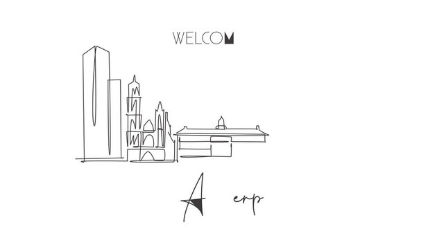Animated self drawing of continuous line draw Antwerp city skyline Belgium. Famous skyscraper landscape postcard. World travel home wall decor poster print concept. Full length one line animation.