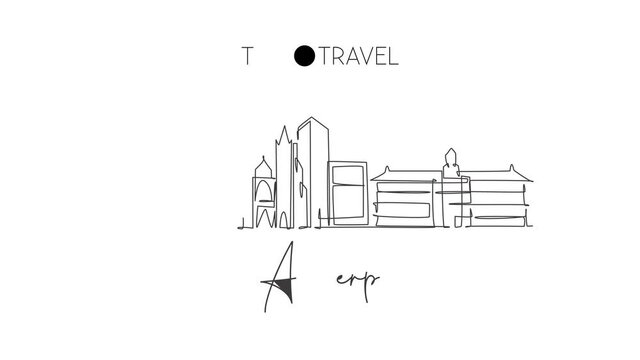 Animated self drawing of continuous line draw Antwerp city skyline, Belgium. Beautiful skyscraper. World landscape tourism travel vacation wall decor poster print. Full length single line animation.