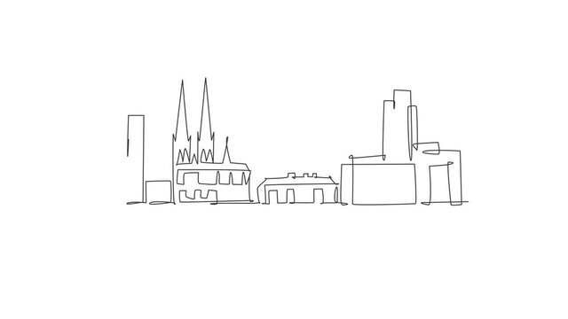 Animated self drawing of continuous line draw Tilburg city skyline, Netherlands. Beautiful skyscraper. World landscape tourism travel home wall decor poster print. Full length single line animation.