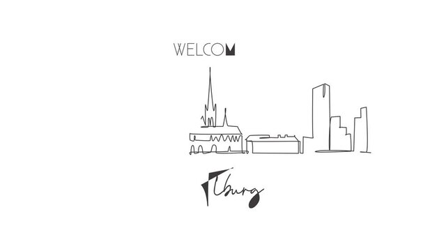 Animation of one line drawing Tilburg city skyline Netherlands. Historical landscape in world. Best holiday destination wall decor poster art. Continuous line self draw animated. Full length motion.