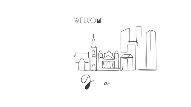 Animated self drawing of one continuous line draw Genoa city skyline, Italy. Beautiful skyscraper. World landscape tourism travel vacation concept wall decor poster. Full length single line animation.