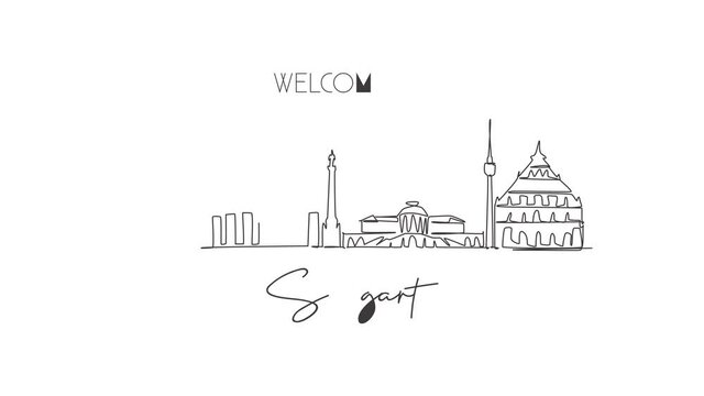 Animated self drawing of single continuous line draw Suttgart city skyline, Germany. Famous skyscraper landscape. World travel home art wall decor poster print concept. Full length one line animation.