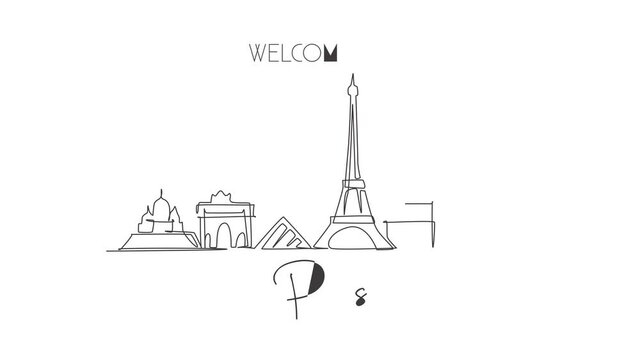 Animated self drawing of single continuous line draw Paris city skyline, France. Famous skyscraper landscape in world. World travel wall decor poster print art concept. Full length one line animation.