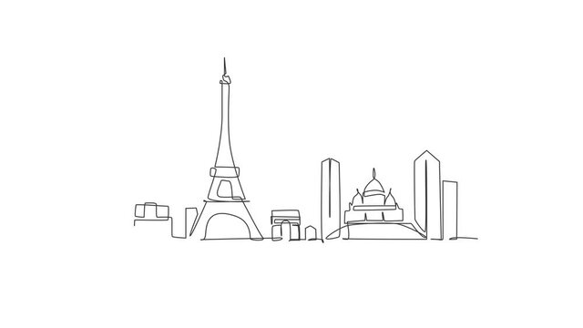 Animated self drawing of continuous line draw Paris city skyline, France. Beautiful skyscraper. World landscape tourism travel vacation poster art concept. Stylish full length single line animation.