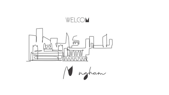 Animation of one line drawing Nottingham city skyline. Historical city skyscraper landscape in world. Destination vacation home art concept. Continuous line self draw animated. Full length motion.