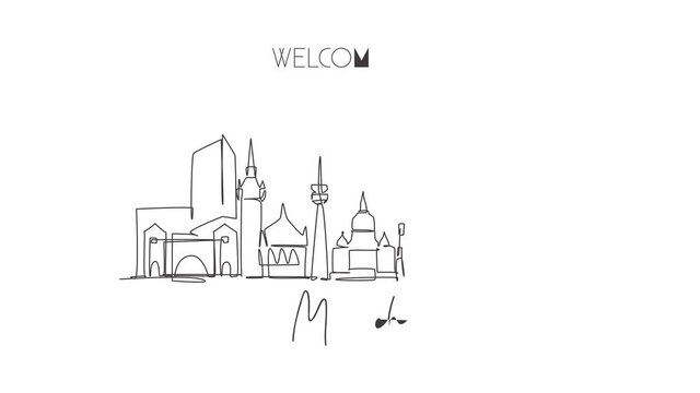 Animation of one line drawing of Munich city skyline. Munchen city skyscraper landscape in world. Destination holiday vacation poster concept. Continuous line self draw animated. Full length motion.