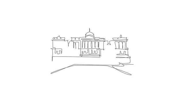 Animated self drawing of continuous line draw Royal Palace of Madrid landmark. Historical Palacio Real de Madrid in Spain. Holiday vacation wall decor poster concept. Full length single line animation