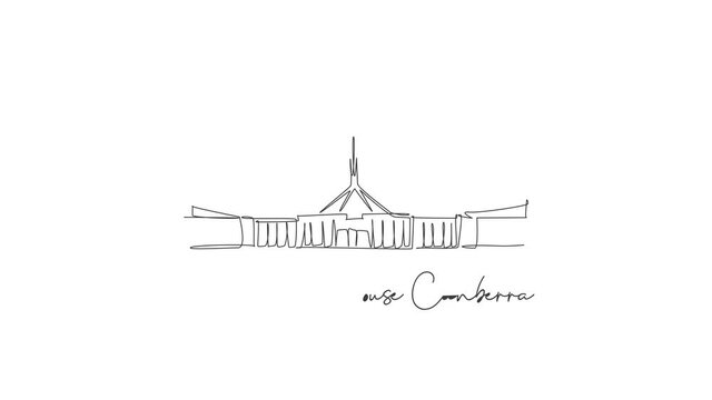 Animated self drawing of continuous line draw parliament house of Canberra landmark. Government building in Australia. Home decor wall poster concept. Full length one line animation illustration.