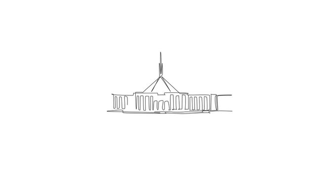 Animated self drawing of one continuous line draw Parliament House Canberra landmark. Government meeting place in Australia. Home wall decor poster print concept. Full length single line animation.