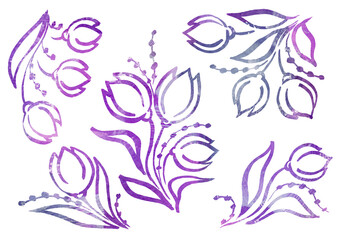 Watercolor artistic multicolor Set of floral Tulip elements in the style of line art wedding theme on a white background. Doodle and scribble. violet, purple, gray and lilac Watercolour colorful