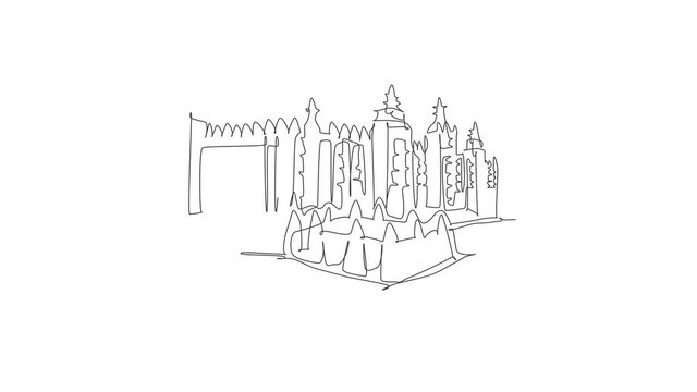 Animated self drawing of continuous line draw Great Mosque of Djenne landmark. Beautiful place in Mali, Africa. World tour travel home wall decor poster art concept. Full length one line animation.