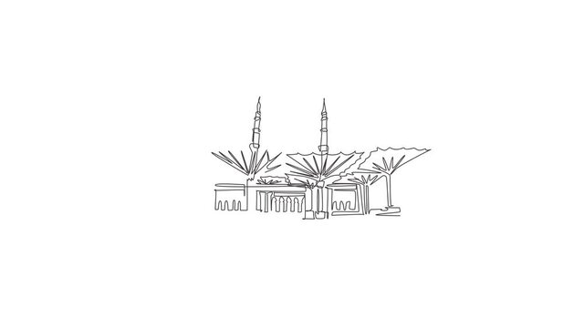 Animation of one line drawing Masjid Al Nabawi landmark. Famous holy iconic in Medina Saudi Arab. Hajj umrah travel wall decor poster concept. Continuous line self draw animated. Full length motion.