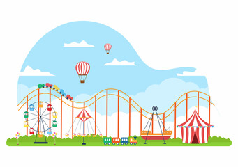 Summer Fair with Carnival, Circus, Funfair or Amusement Park. Landscape of Carousels, Roller Coaster, Air Balloon and Playground Vector Illustration