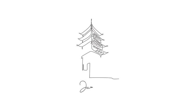 Animated self drawing of continuous line draw Chureito Pagoda landmark. World iconic place in Fujiyoshida, Japan. Holiday tour vacation wall decor art poster concept. Full length single line animation