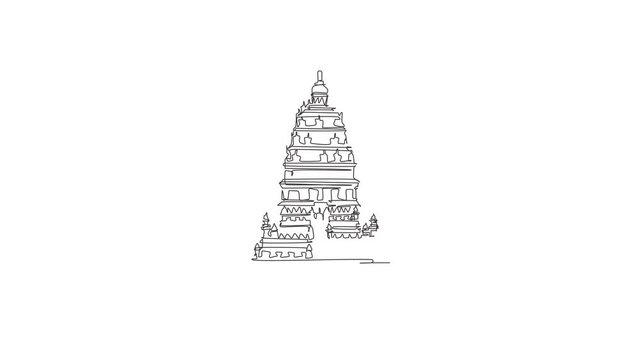 Animated self drawing of continuous line draw Prambanan Temple landmark. World iconic place in Jogjakarta, Indonesia. Holiday vacation wall poster print concept. Full length single line animation.