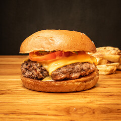 hamburger on a wooden table