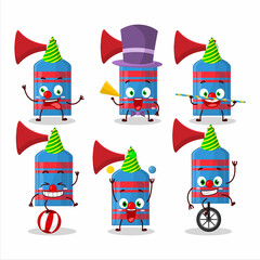 Cartoon character of blue air horn with various circus shows