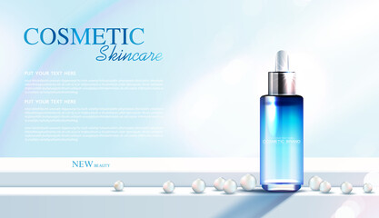 Cosmetics or skin care product ads with bottle, banner ad for beauty products, leaf and pearl background glittering light effect. vector design