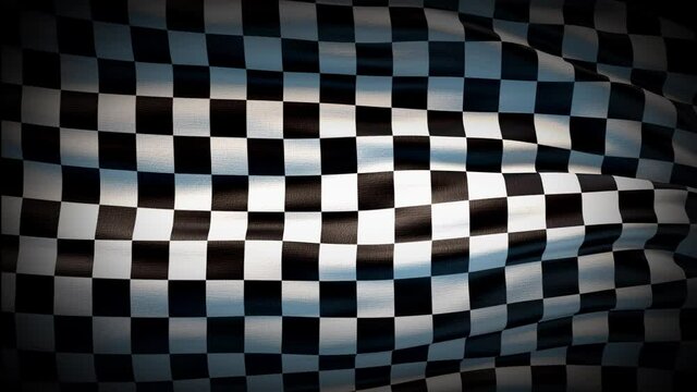 Animation Pirate flag is waving seamless loop. Pirate flag racing flag waving in the wind. Realistic 4K flag of Checkered black and white color closeup. Realistic finish line racing background.