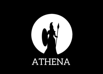 Silhouette of Athena Minerva with Shield and Spear, The Beauty Greek Roman Goddess Logo Design