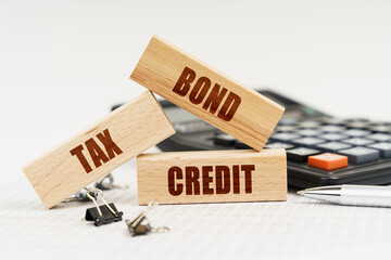On the table is a pen, a calculator and small wooden blocks with the inscription - Bond Tax Credit