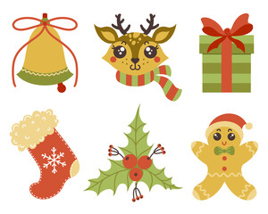 Traditional Christmas symbols vector set. Hand-drawn illustrations isolated on white background. Festive elements - bell, gift, sock, reindeer, gingerbread, holly. Flat cartoon style
