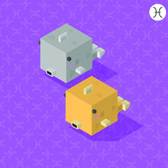 pisces zodiac cartoon cubic isometric with their sign on color background
