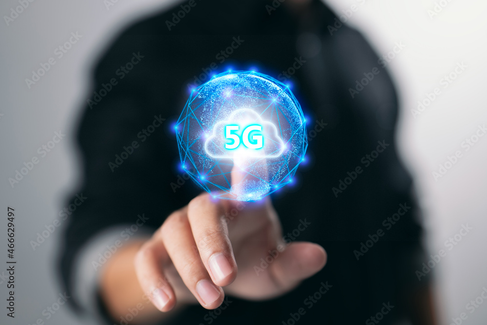 Poster Businessman connects data information on a wireless internet network using 5G technology, social media, and digital e-commerce through a cloud computing network.