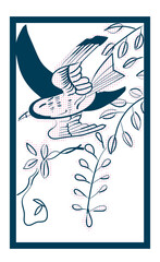 花札のイラスト　ダブルトーン白黒　線画　バラ単枚｜4月藤に不如帰｜日本のカードゲーム