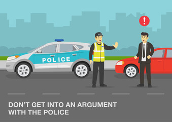 Police officer stops a red sedan car to check on driver's documents.Angry driver is about to fight with police.Don't get into an argument with police.Traffic speed control.Flat vector illustration.