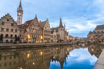 Fototapeta na wymiar Graslei with the towers of Ghent
