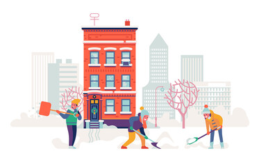 People shoveling snow. Colorful vector illustration showing snowy winter in town with cheerful neighbors clearing the street from snow with shovels wearing warm winter clothes. Snowdrift during winter © Mascha Tace